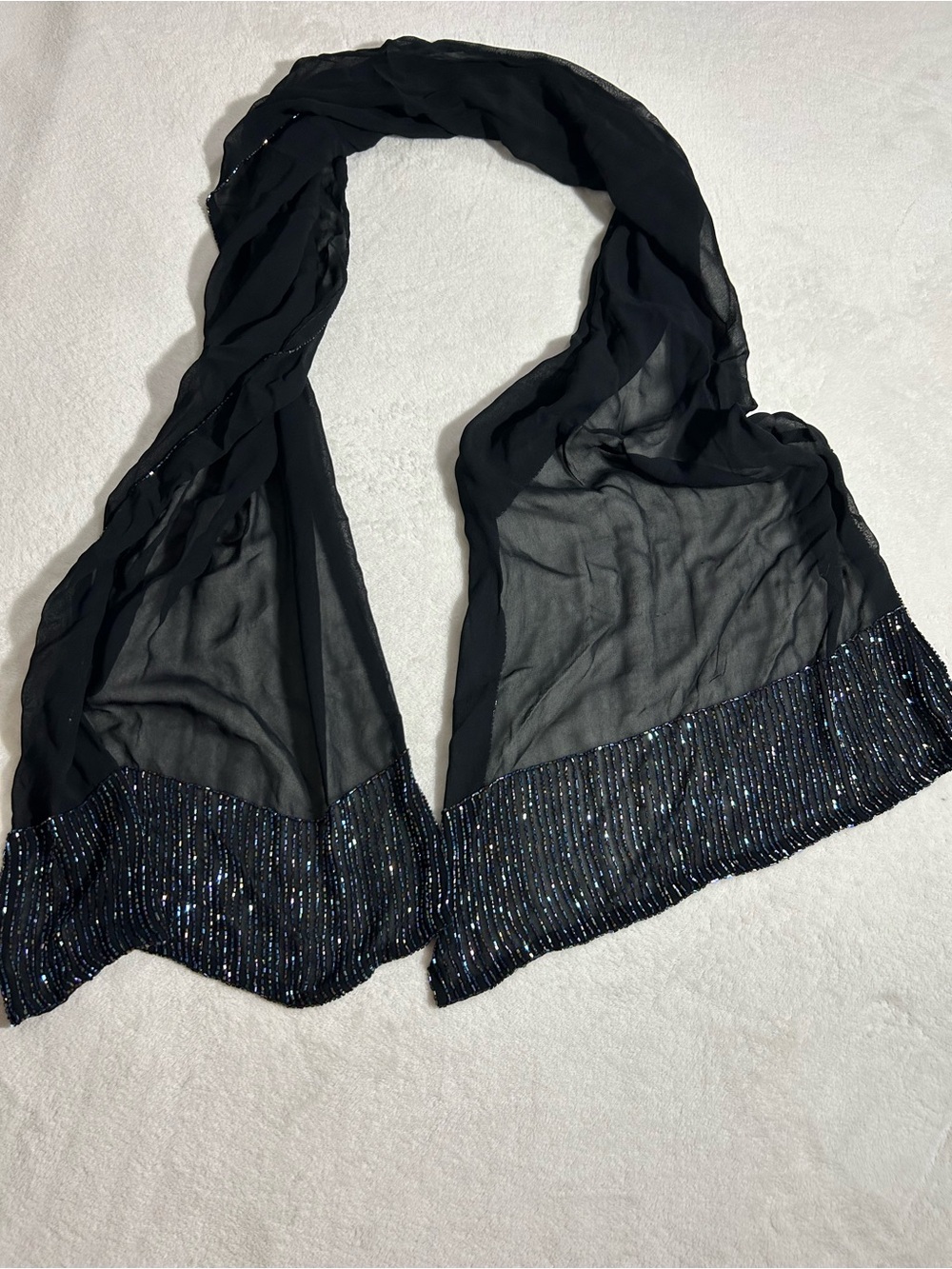 Charter Club Beaded Evening Wrap Scarf Black Sheer Chiffon Iridescent Formal